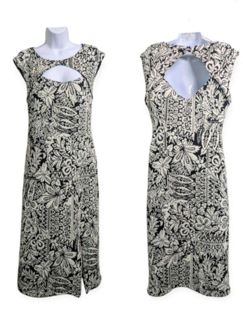 NWT Anthropologie Jacquard Cut-Out Midi Dress Size M Black White Floral Textured